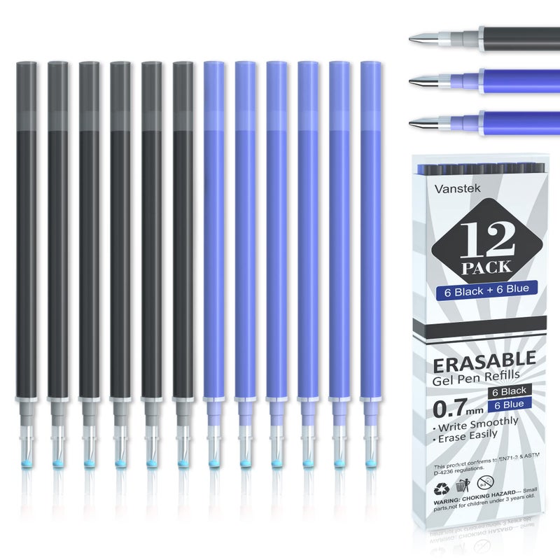 Vanstek 12 Pack 6 Blue 6 Black Erasable Gel Pen Refills, Gel Ink Refills Compatible with Erasable Pens, Fine Point 0.7 mm, Perfect for Writing Planner & Crossword Puzzles - Image 1